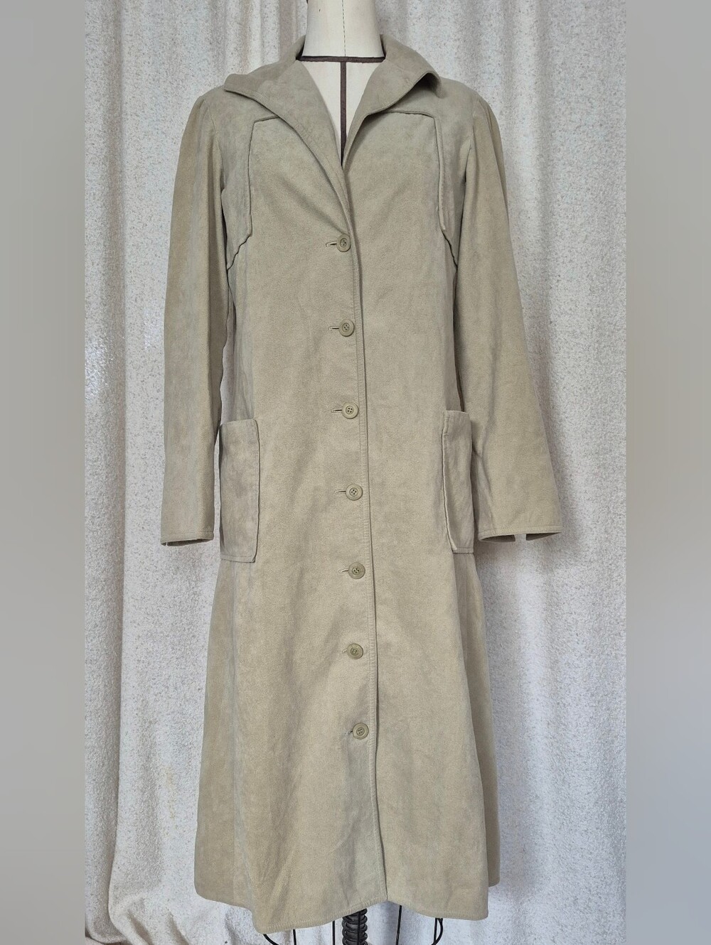 70s Vintage Ultrasuede Classic Women's Long Button Coat - Light Beige Taupe